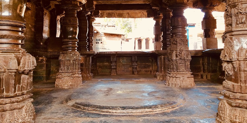 Inside the Saraswati Temple with its stone architecture, located in Kumbakonam