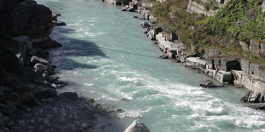One of the ancient rivers, the Saraswati River, located near Vasundhara Waterfalls