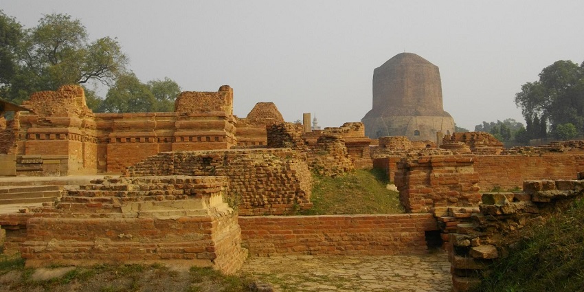 Ancient Buddhist monasteries near Dhamekh Stupa, a famous place near Vishalakshi Temple