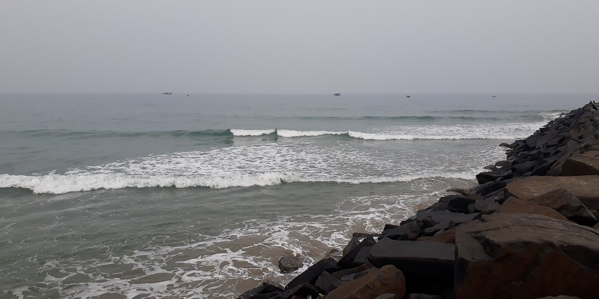 Waves crashing on Serenity Beach at dusk is one of the best places to see in Pondicherry at night