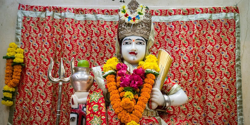 A glimpse of a beautiful statue of Shitla Devi inside a spiritual hub in Uttarakhand.