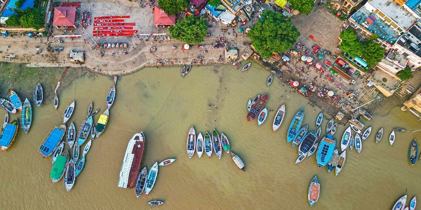An aerial view of Shivala Ghat, a serene place to visit near Alamgir Mosque, Varanasi.