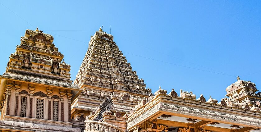 A glimpse of the towering spiritual attraction adorned with intricate designs and charm.