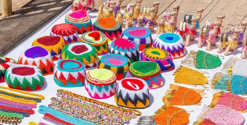 A view of colourful hats and handicraft items being sold at the market in Uttar Pradesh.