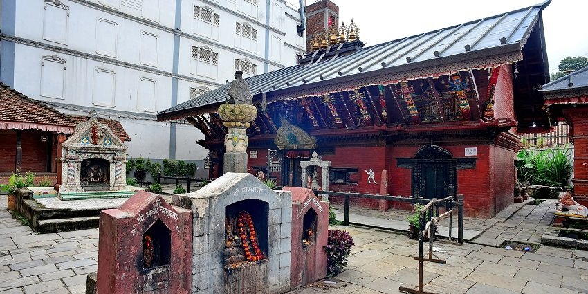 The entrance of the Tana Shri Devi Temple, , one of the Hosur temples, where devotees are performing Maha puja.