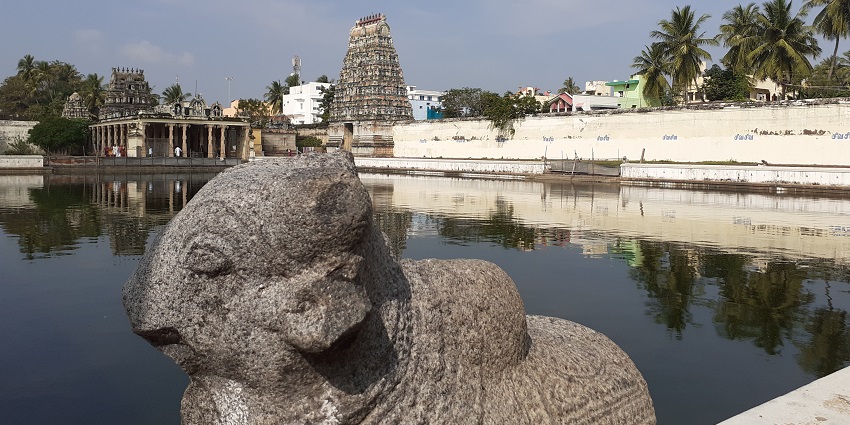 The panoramic view of the Sirkazhi Temple from the holy water tank and stone Nandi statue.