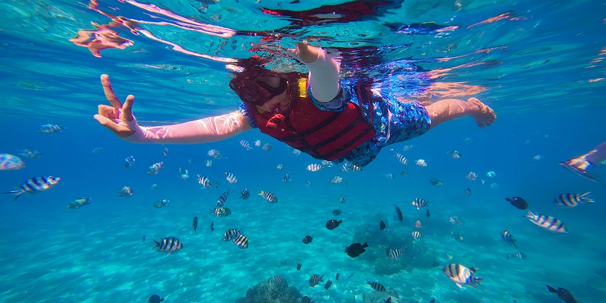 View of a man snorkelling in the beautiful water surrounded by coral reefs
