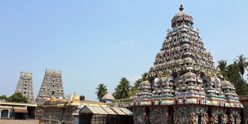 Decorated Gopurams of Sri Beteraya Swamy Temple near Panruti town, Tamil Nadu.