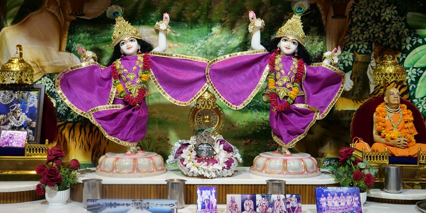 Colorful Hindu figurines displayed on an altar, surrounded by decorative elements