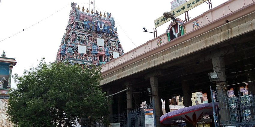 The colourful dome with intricate designs for Sri Parthasarathy Temple in Tamil Nadu.