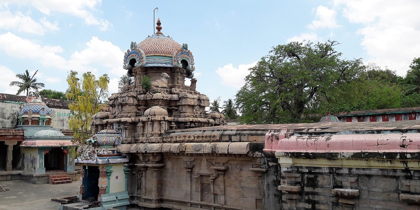 Vedapureeswarar temple with traditional architecture, small entrances and a palm tree