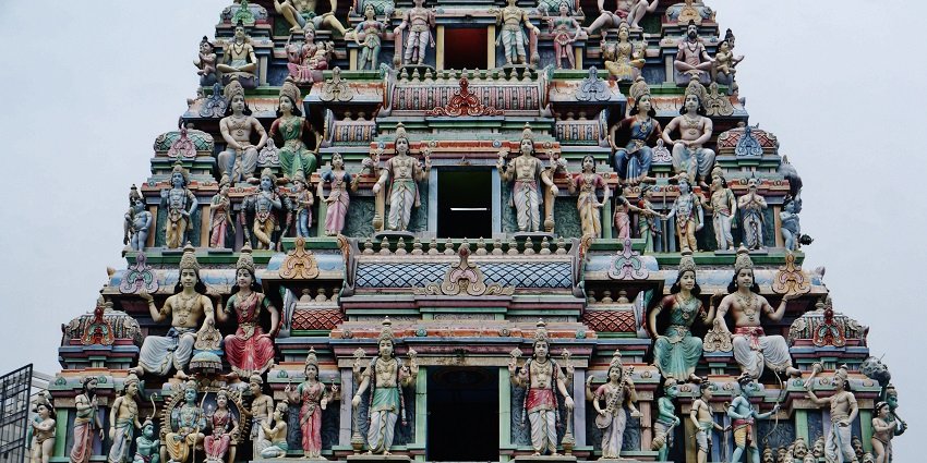 Gopuram of the Sri Srinivasa Perumal Temple with vibrant sculptures