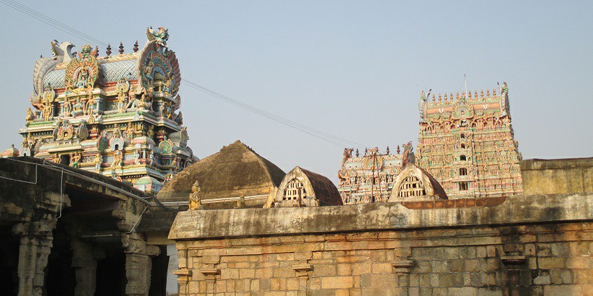 Towering and beautiful Gopuram of Rajagopalaswamy Temple in Mannargudi, Tamil Nadu.