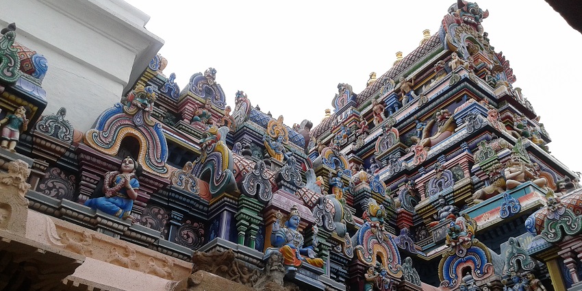 Gopuram of Srivilliputhur Temple with intricately carved sculptures in Dravidian style