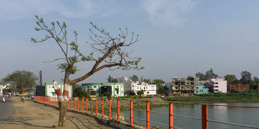 A picture of Ramgarh Tal in Gorakhpur with calm waters and green surroundings