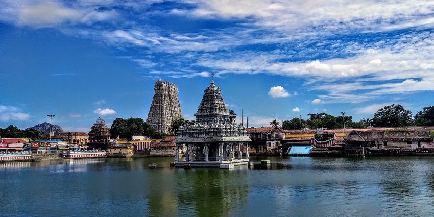 Panoramic view of the Suchindram Temple, a tourist attraction in Nagercoil.