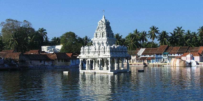 A majestic view of the temple's ornate gopuram with detailed carvings