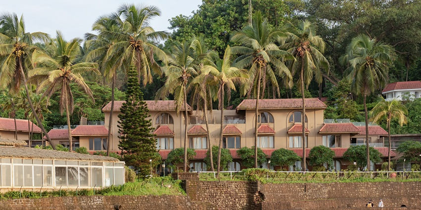An image of the Taj Hotel surrounded by tall pine trees and greenery.