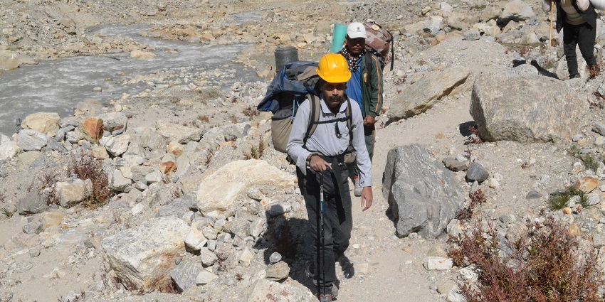The view of trekkers at the Tapovan near the Gangotri National Park, in Uttarakhand.