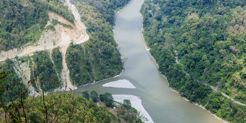 An aerial view of Teesta river, vibrant lifeline flowing through landscapes of Sikkim.