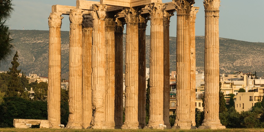 The Temple of Olympian Zeus with the ancient structure near the Acropolis Museum.