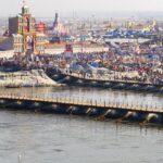 A panoramic view of one of the temples in Allahabad, showcasing crowded surroundings.