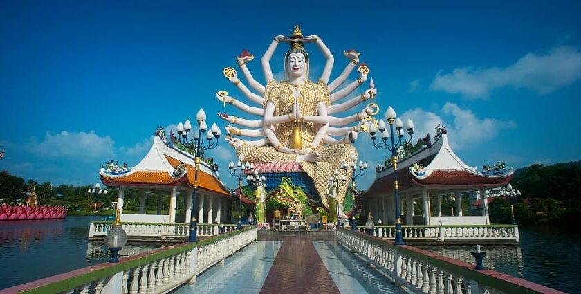 A glimpse of a majestic statue of Lord Buddha elegantly nestled in Uttarakhand.