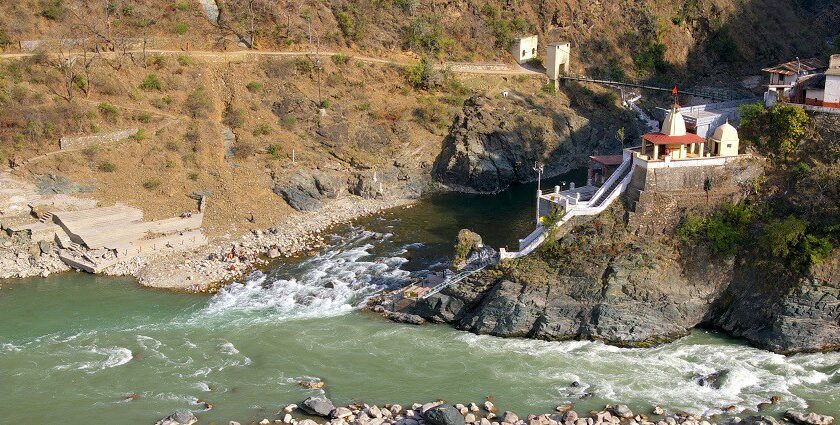 A serene site of the Alaknanda River, captured from a temple in Rudraprayag