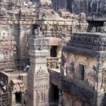 An aerial picture of a temple showing the traditional architecture and devotees worshipping