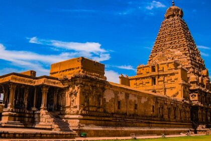 An image of the massive Brihadeeswarar Temple in Thanjavur, Tamil Nadu.