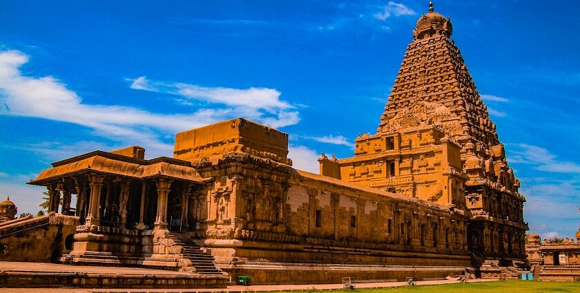 An image of the massive Brihadeeswarar Temple in Thanjavur, Tamil Nadu.