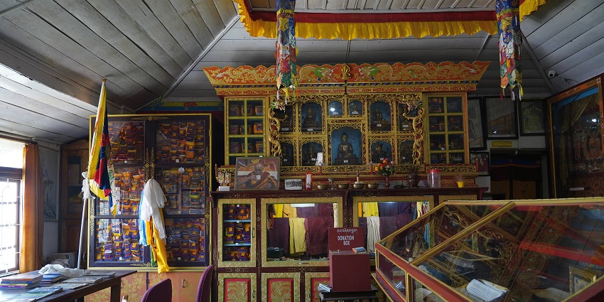 Interior of a Buddhist monastery which is a religious place to visit in Kalimpong