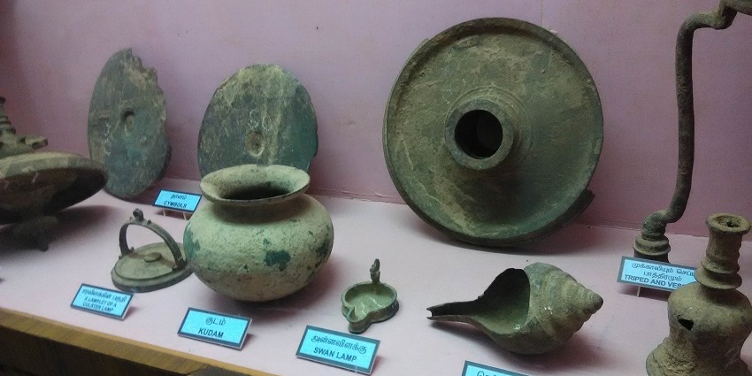 A picture of historical artefacts displayed at the Government Museum in Tiruchirappalli.