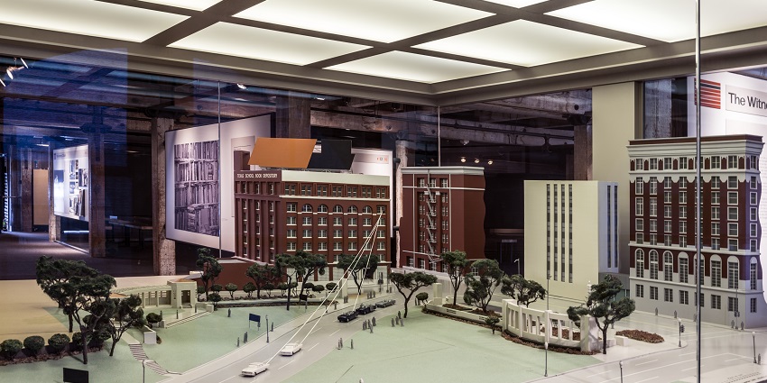 A picture of Dealey Plaza and other buildings on display in the sixth-floor museum