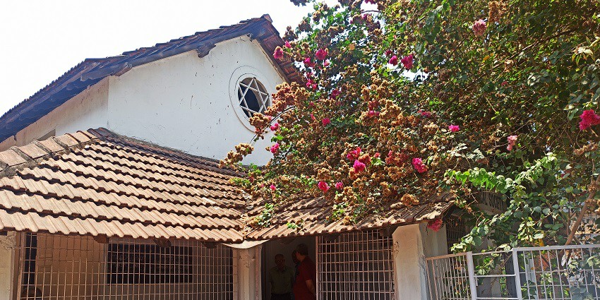 A historic building with white walls, arched windows, and trees around, labelled "The Theosophical Society”.