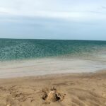 A picture of a clear Dhanushkodi beach site and the blue waters of the ocean