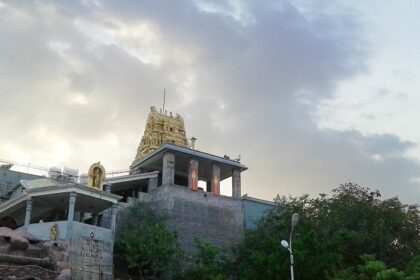 A picture of Thindal Murugan temple featuring traditional architecture.