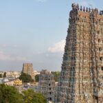 The exterior of the Meenakshi Amman Temple in Madurai showcases its colorful gopuram.