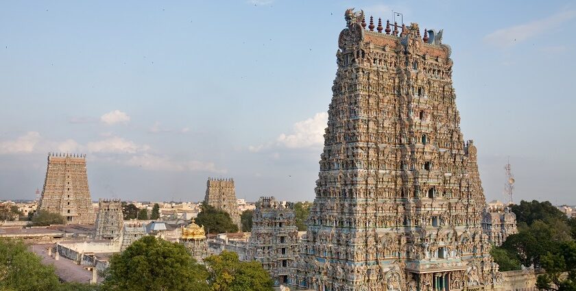 The exterior of the Meenakshi Amman Temple in Madurai showcases its colorful gopuram.