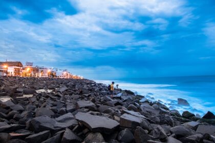 Stunning view of a beach in Pondicherry, one of the places to visit in Pondicherry at night.