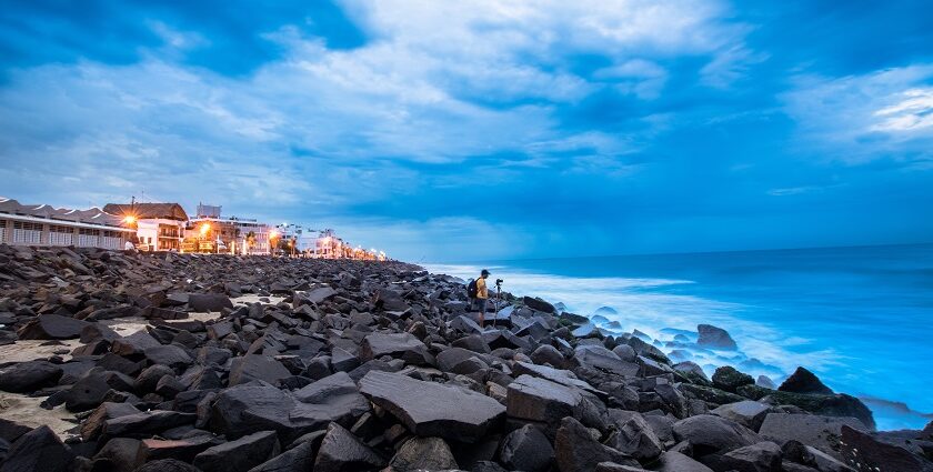 Stunning view of a beach in Pondicherry, one of the places to visit in Pondicherry at night.