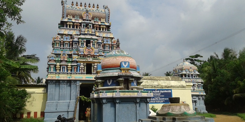 Thiruarimeya Vinnagaram gateway tower with intricate carvings and ornate embellishment