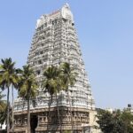 Vedagiriswarar temple entrance with detailed architecture, palm trees and Temple tank.