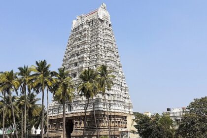 Vedagiriswarar temple entrance with detailed architecture, palm trees and Temple tank.