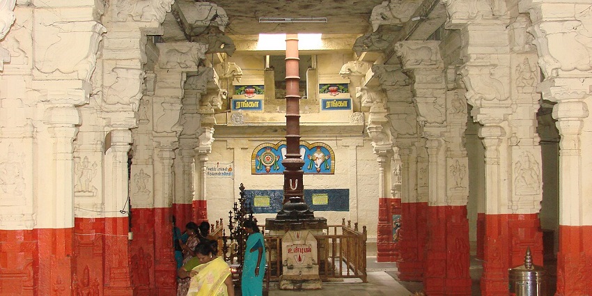 Inside the halls of the Thiruvarangam temple, showcasing intricate architecture.
