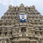 View of the Thirukovilur Veerateeswarar temple with colourful and intricately carved domes