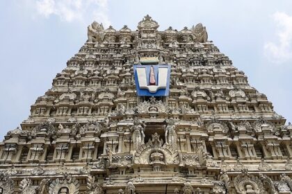 View of the Thirukovilur Veerateeswarar temple with colourful and intricately carved domes