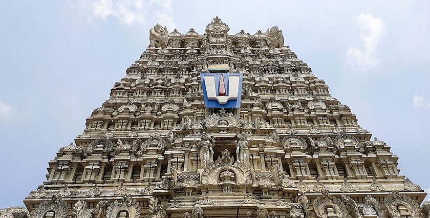 View of the Thirukovilur Veerateeswarar temple with colourful and intricately carved domes