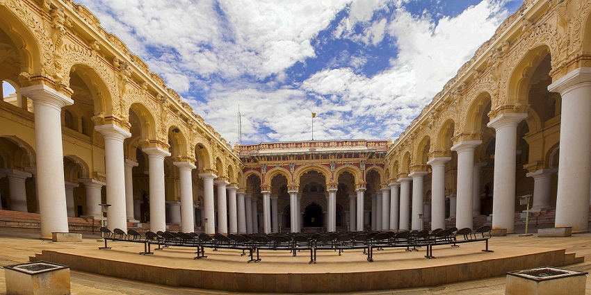 Palace of Nayakkar Mahal with arches and pillar in Madurai, near Thiruparankundram Temple.