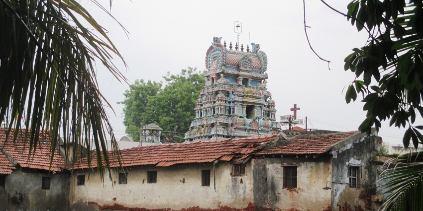Naganathaswamy Temple with vibrant gopuram of intricate carvings in a rural area.